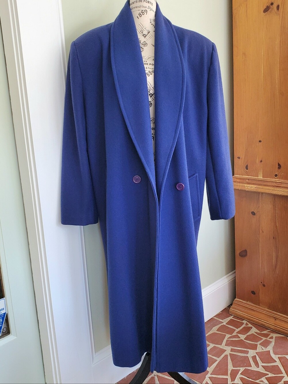Vintage 80s Colbalt Blue 100% Wool Long Coat, Full Length Overcoat Made In USA